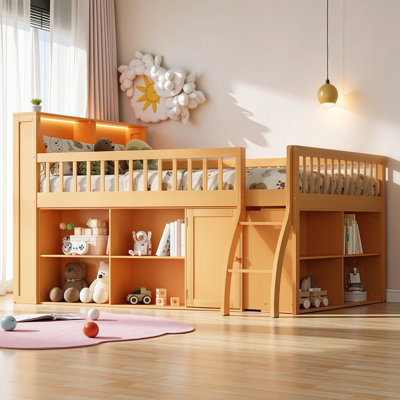 Lit mezzanine pour grand lit pour enfant avec tablettes de rangement et tête de lit décorative à DEL - Solution de sommeil surélevée peu encombrante