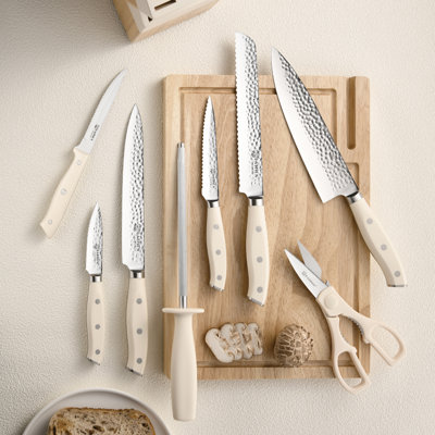 Kitchen Knife Set,14-Piece Knife Set With Block Wooden, Self Sharpening For Chef Knife Set, High Carbon German Stainless Steel Hammered Collection Knife Block Set, Dishwasher Safe Cutlery, Cream