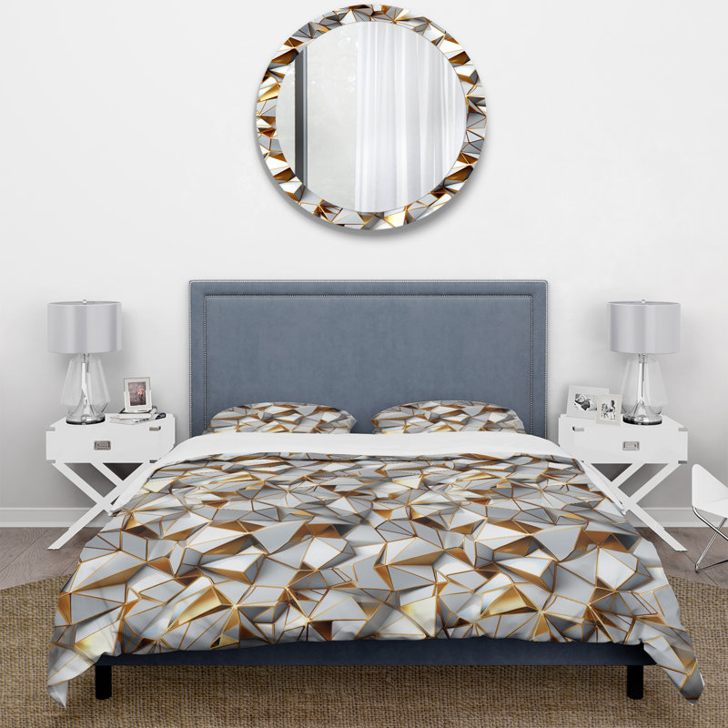 Ensemble de housse de couette en marbre - Gold And White Marble Opule I, Housse de couette pour très grand lit et 2 très