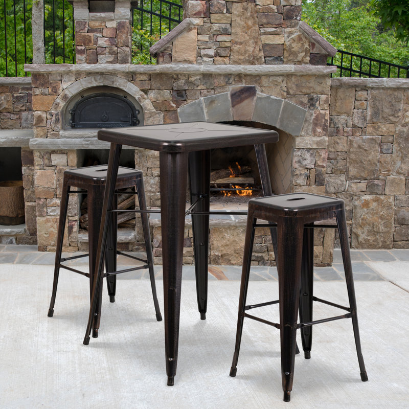 Gyeong 23.75'' Square Metal Indoor-Outdoor Bar Table Set with 2 Square Seat Stools, Black/Antique Gold