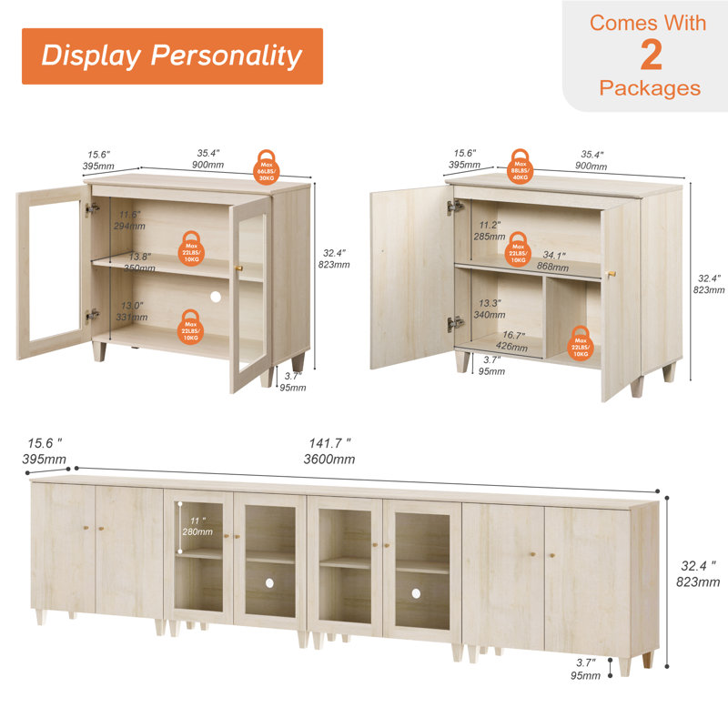 Buffet 8 portes avec tablettes réglables et gestion des câbles pour la salle à manger de cuisine, largeur de 142 pouces