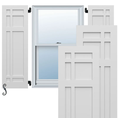 White composite window shutters with black metal hardware and decorative S-hook shutter dog.