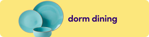 Category banner for dorm dining featuring a set of turquoise ceramic plates and a matching bowl.