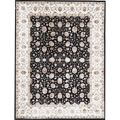 Tapis floral noir / ivoire noué à la main Floral