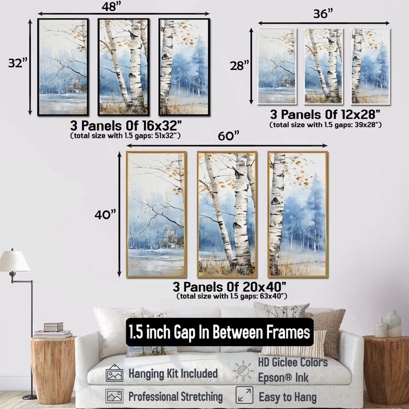 «White Birch Trees Forest Winter Scenery II», ensemble d'art sur toile de bouleau, Cadre flottant blanc