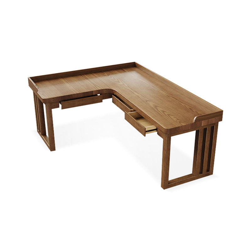Bureau en bois massif brun en forme de L avec 3 tiroirs, H 29,53 po x l 62,99 po x P 55,12 po, Orienté à gauche (vu de face)