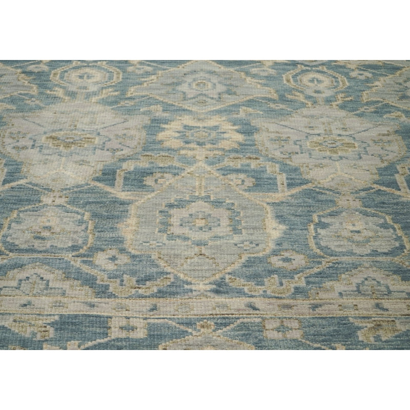 Tapis transitionnel bleu en laine noué à la main 9 x 12 pi 1 po Oushak