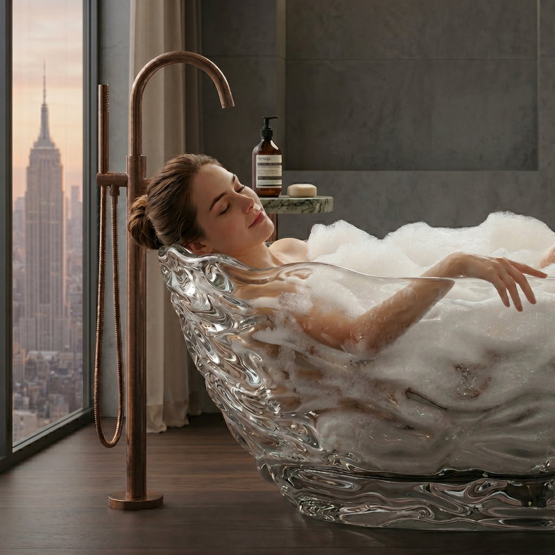 69" Freestanding Transparent Resin Soaking Bathtub - Clear Wavy Crystalline Luxury Tub