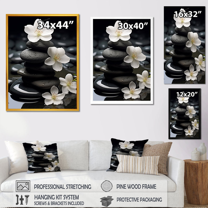 Zen Zen Serenity fleurs blanches pierre noire Cairn - impressions spirituelles sur pierre, H 20 po x l 12 po, Sans cadre