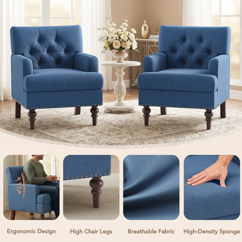 Luxury Tufted High Leg Armchair with Nailhead Trim and Plush Thick Padded Cushion, Blue Fabric