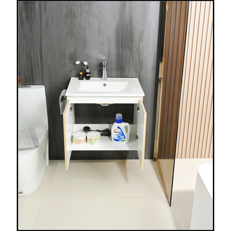 Meuble-lavabo mural avec rangement flottant et porte-serviettes Goodyo, Jaune / Blanc