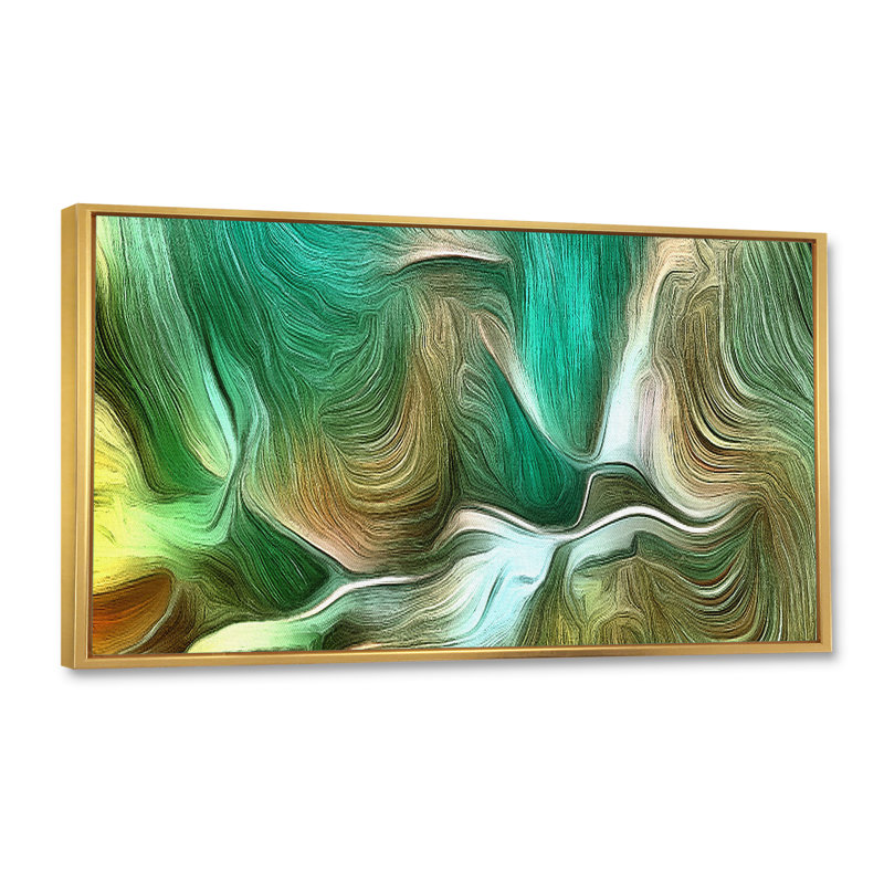 Vagues liquides dans les tons de vert III - peinture sur toile, H 28 po x l 60 po x P 1,5 po, Cadre doré