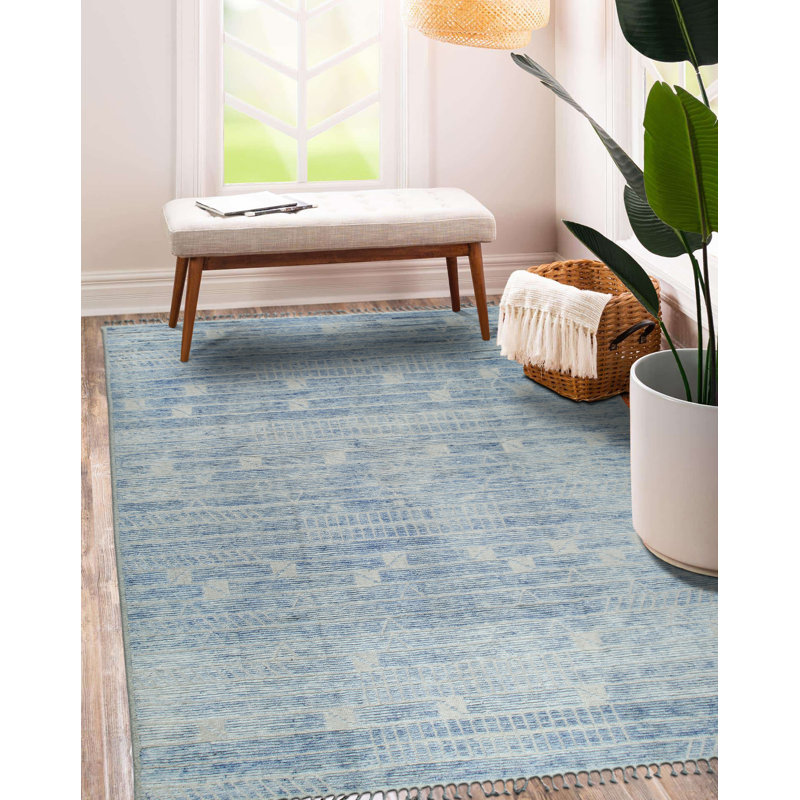 Classic Blue Hand-Knotted Wool Contemporary Transitional Area Rug