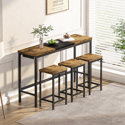 Modern Design Kitchen Dining Table, Pub Table, Long Dining Table Set With 3 Stools, Convenient Hanging Stool Design, Natural+Black,(Same SKU:W757P146463)