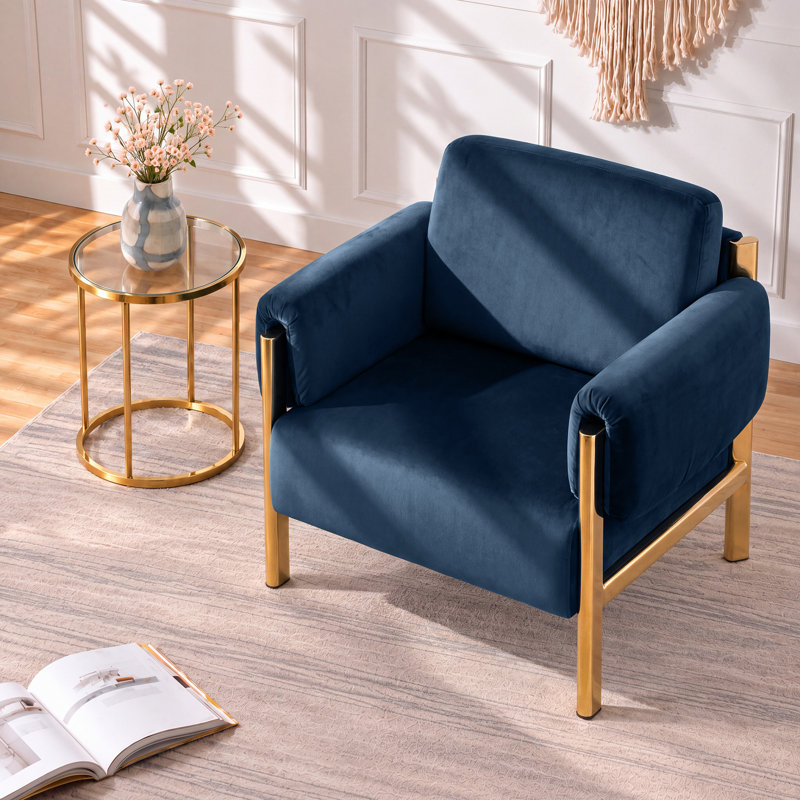 Fauteuil d'appoint Sistrunk moderne et glamour en velours bleu avec accoudoirs rembourrés et structure en métal doré, Blue