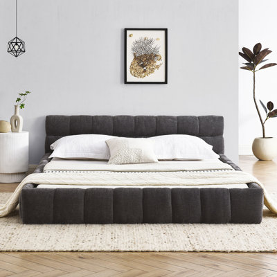 Structure de lit tapissier avec tissu épais, lit plateforme grand format en chenille avec tête de lit et structure solide
