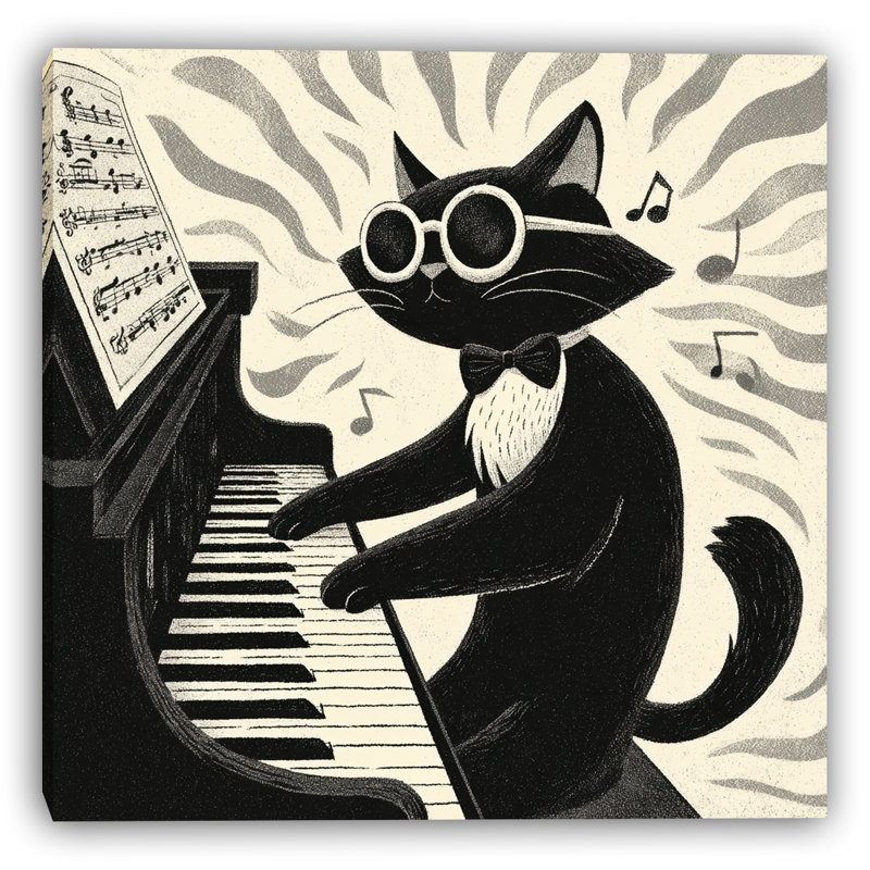Art mural sur toile Jazz Cat at Piano III, H 40 po x l 40 po, 2