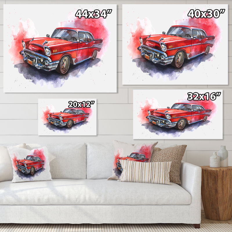 Voiture rouge à l'ancienne - peinture sur toile, H 34 po x l 44 po x P 1,5 po, Toile tendue