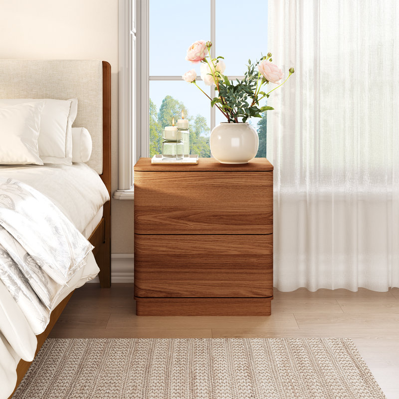 Minimalist Textured Curved Profile 2-drawer Nightstand, Walnut