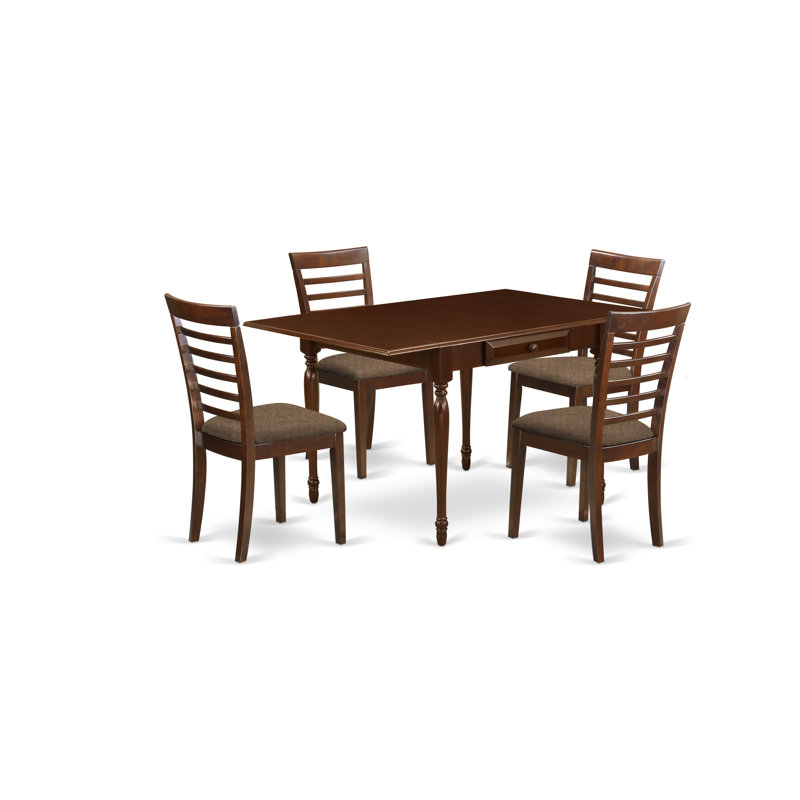 5 Piece Dinette Set for 4 Includes a Rectangle Dining Room Table with Dropleaf and 4 Linen Fabric Dining Chairs, Mahogany