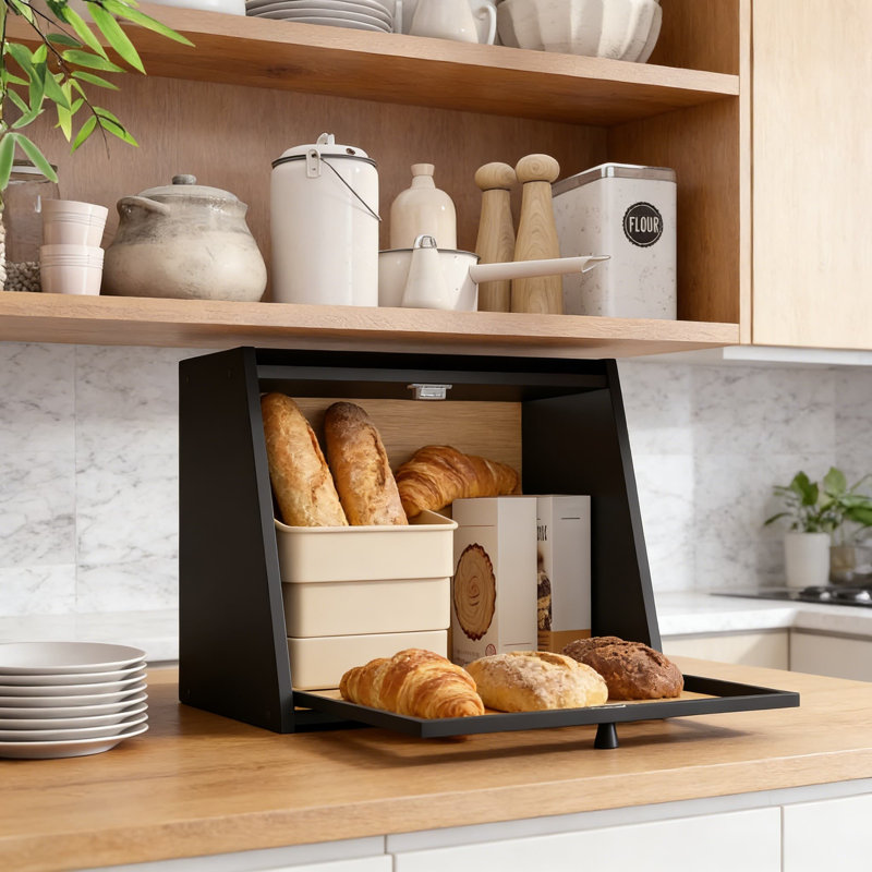 Grande boîte à pain en bambou pour comptoir de cuisine avec porte en acrylique ondulée, contenant à pain de style campagnard avec plateau plat et base antidérapante
