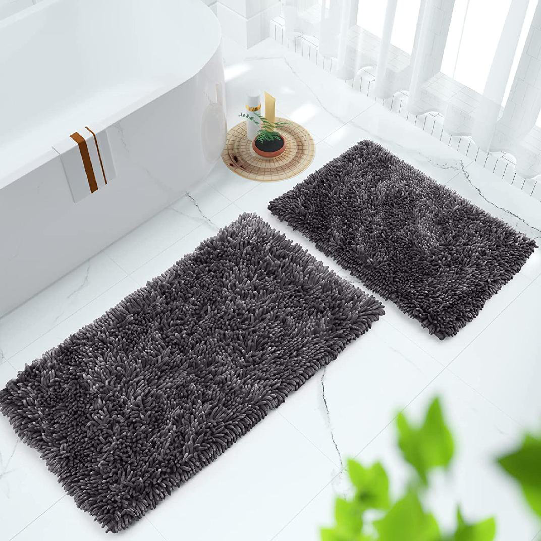 Turquoize Non Slip Shaggy Chenille Microfibers Bathroom Rug Black Bathroom Mat Extra Long Bath Rug 59 x 20 Kitchen Rugs and Mats, Super Water