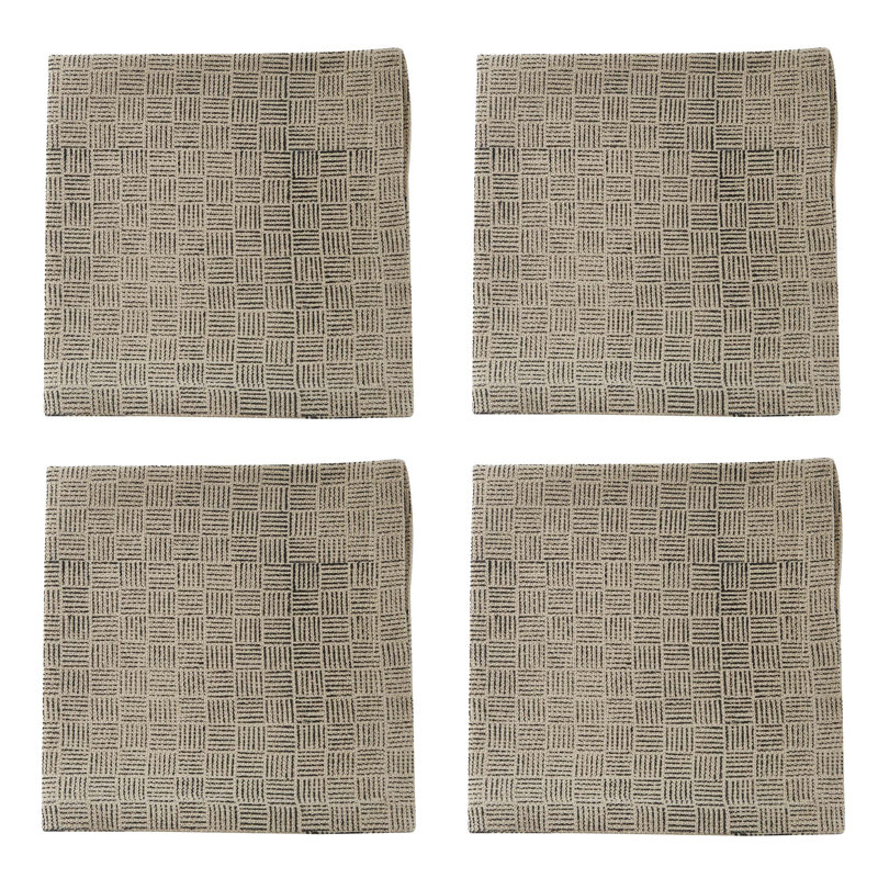  Ensemble de 4 serviettes de table à imprimé blocs beige, 18 po carré, Imprimé bloc noir