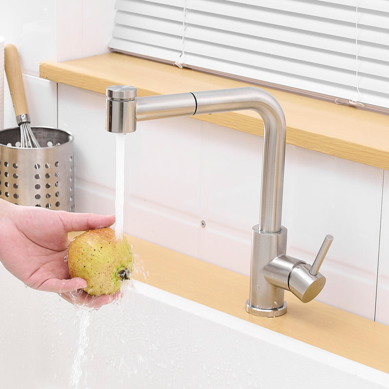 Robinet d'évier contemporain avec bec rétractable, finition nickel brossé, acier inoxydable, douchette en céramique pour cuisine, nickel