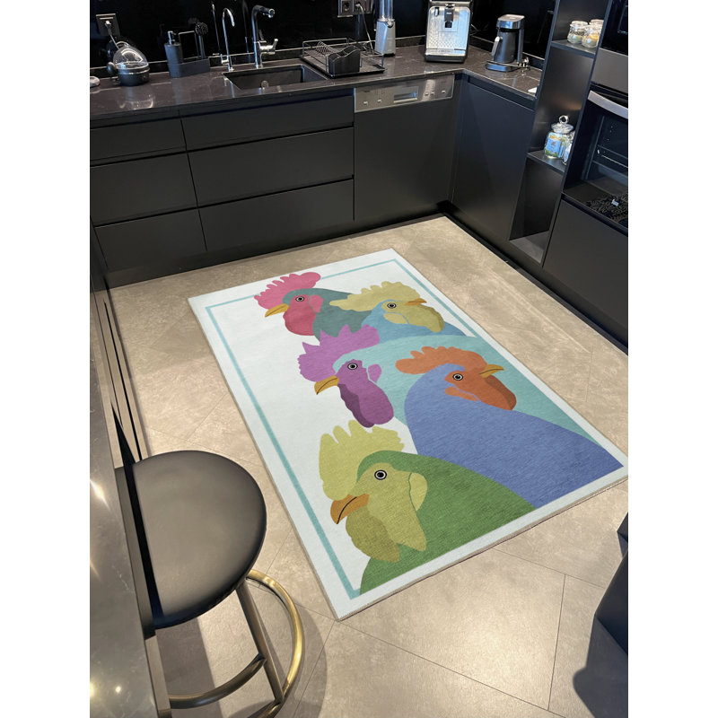 Tapis décoratif moderne multicolore à motif de coq surréel, Tapis de couloir 3 pi 10 po x 9 pi 10 po