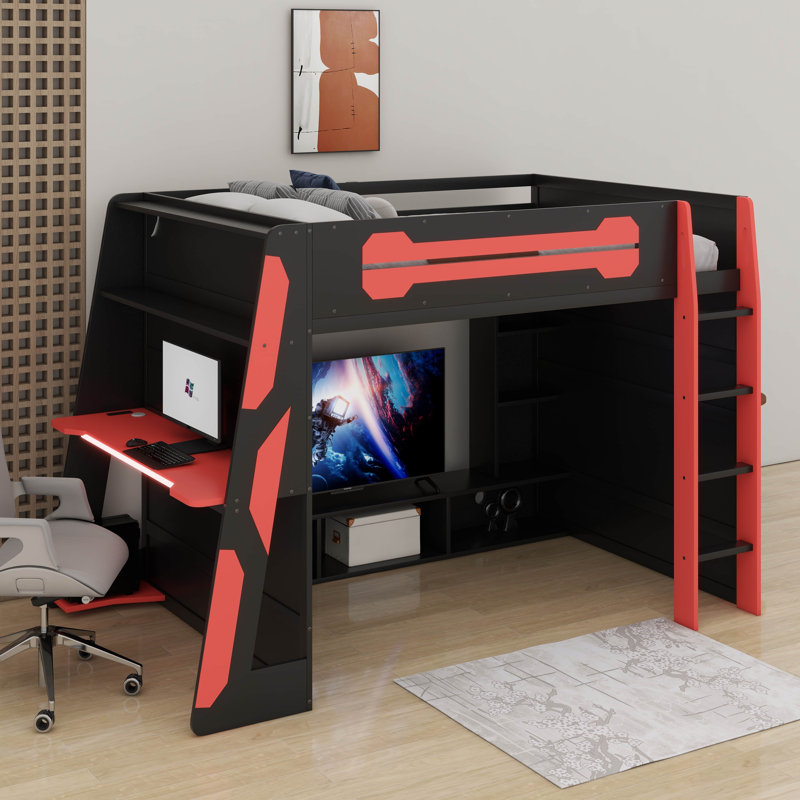 Lit mezzanine double en bois avec bureau, tablettes multiples et lumière RVB, Rouge