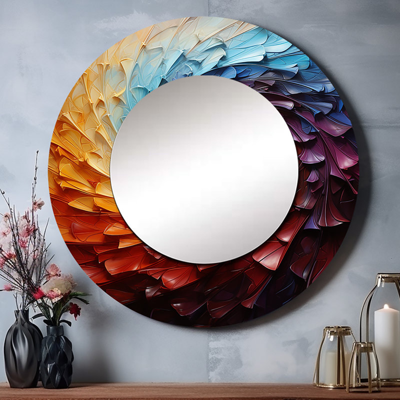 Rhythmic Pulse I - Abstract Spirals Mirror, Modern Round Unique Wall Mirror, Printed Metal Art, 23" x 23"