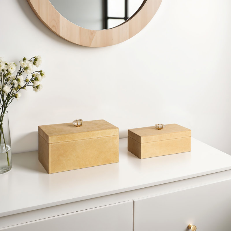 Sagebrook Home 2-Pieces Benin Suede Boxes With Stone Knob, Ivory