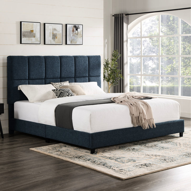 Lit plateforme très grand et transitionnel avec tissu en métal lourd rembourré bleu pour chambre