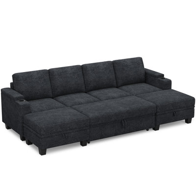 Anjana Januelle Chenille 4-Seater Couch Sectional Sofa Bed With Storage Chaise