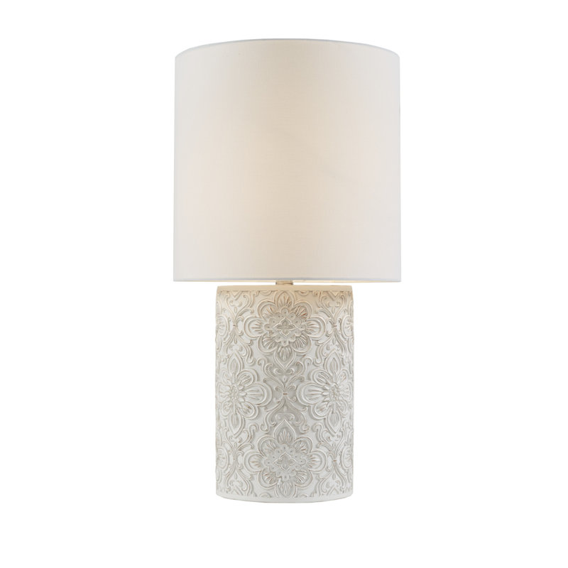 Ivory Floral Embossed Resin Cylinder Table Lamp with 3-Way Switch