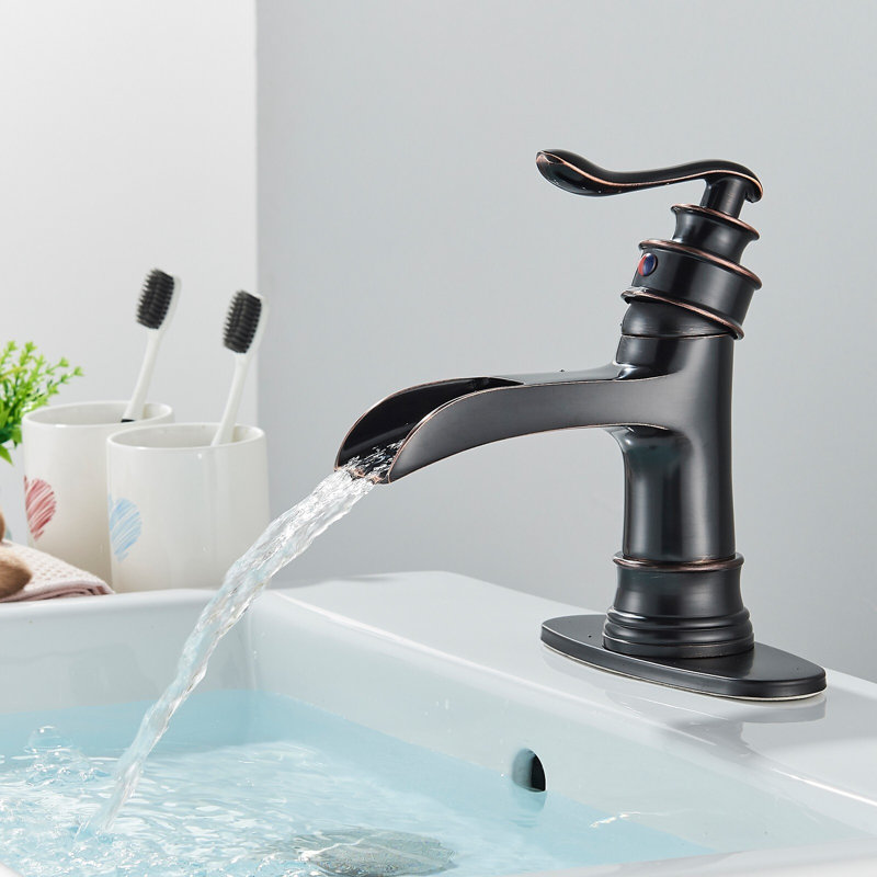 Robinet de salle de bain Mosson en bronze huilé avec effet cascade, plaque de montage de 15 cm et bonde escamotable.