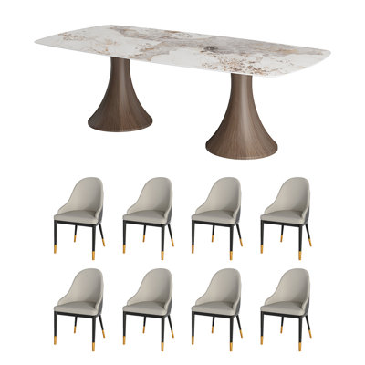 6/8/10 Seats Rectangular Dining Room Set, Stone Rectangular Dining Table, Double Solid Wood Pedestal With Upholstered PU Leather Chairs
