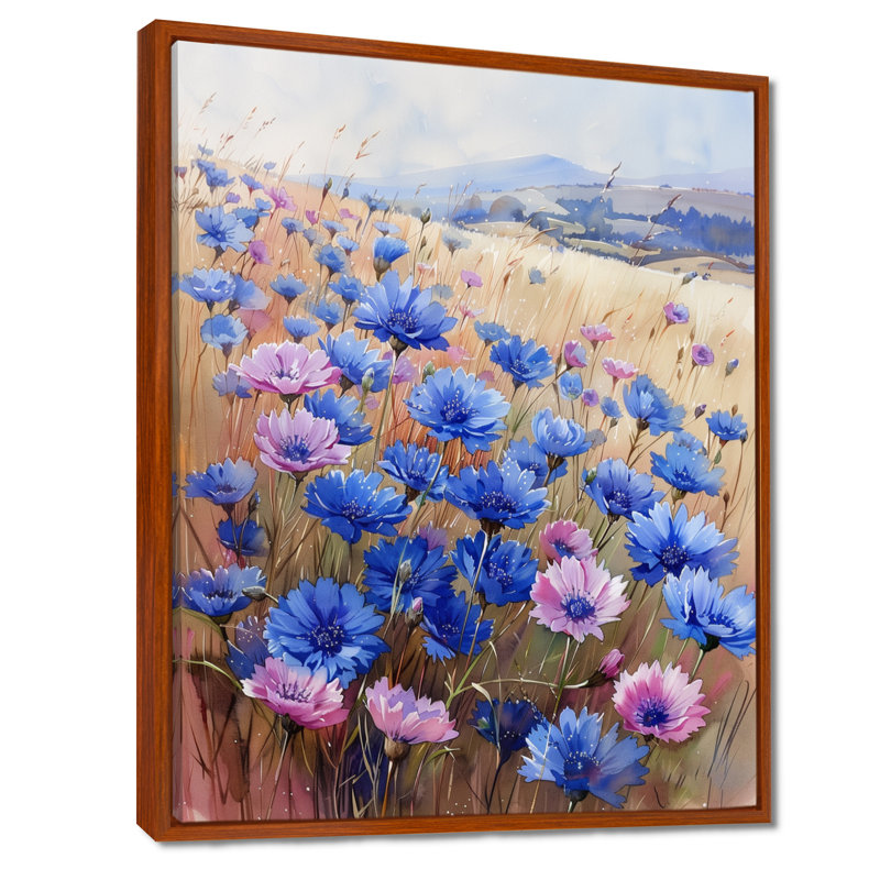 Bleu bleu printemps champ de bleuet II - bleuet, art mural salon, Toile avec cadre flottant brun