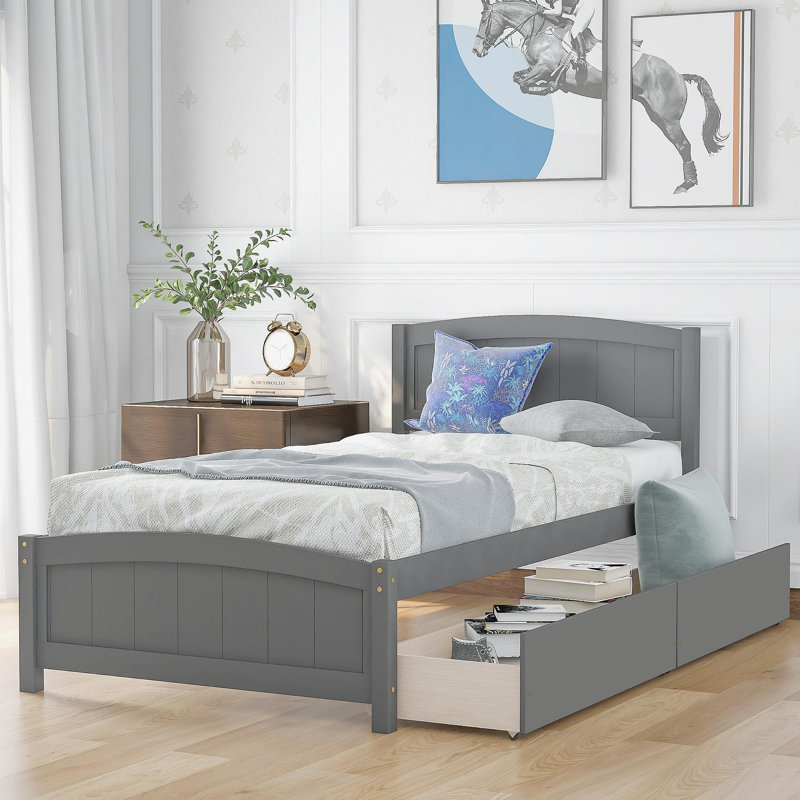 Lit plateforme simple avec deux tiroirs, gris, Gris