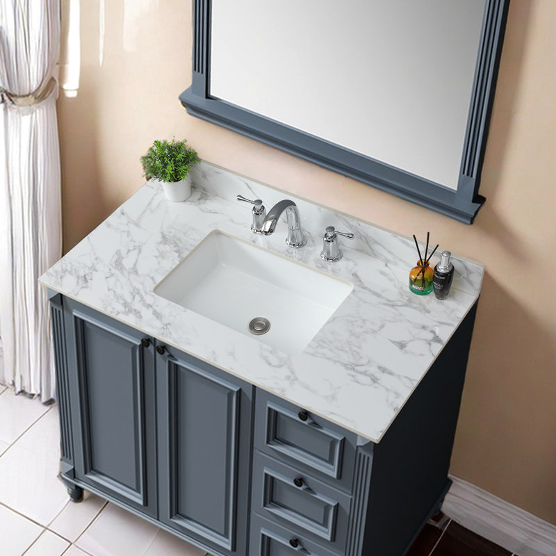 Comptoir de salle de bain en pierre frittée blanche 43 po x 22 po - Matériau de meuble-lavabo encastré en céramique élégant et pratique pour une utilisation à long terme