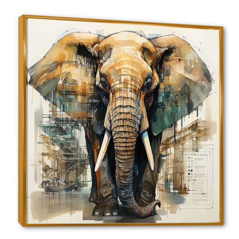 Dessin d’analytique d’un éléphant, Cadre flottant doré, H 24 po x l 24 po x P 1 po