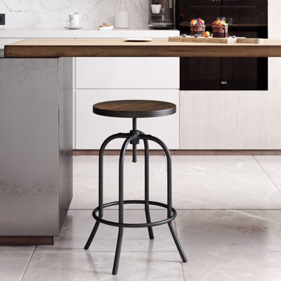 Washington Swivel Bar Stool – Adjustable Backless Stool for Counter Height with Round Wood Seat and Iron Tube Frame