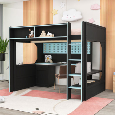 Loft Bed with Desk, LED Lights, Shelves, Charging Station and Storage Cabinet