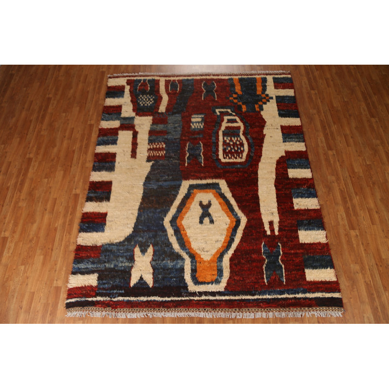 Tapis unique en laine noué à la main 8 pi 2 po x 10 pi 3 po New Age - bleu / rouge / brun