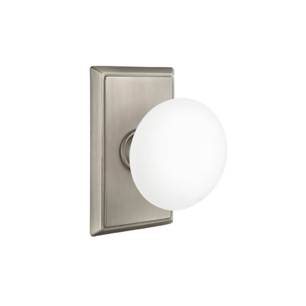 Emtek Privacy Knobset w/ Rectangular Rosette and Ice White Porcelain Knob Emtek 