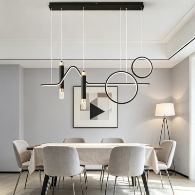 Modern LED Pendant Lighting Fixture, 45W Dimmable Linear Chandelier With Geometric Shapes And Bubble Lights, 37-Inch Black Wave Design For Kitchen Island Dining Room Living Room, 2 Rings And 2 Bubble Lights