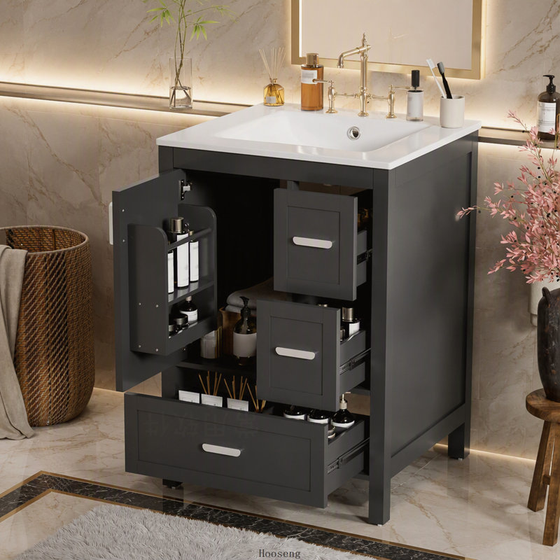 Meuble-lavabo moderne de 61 cm (24 pouces) avec lavabo en céramique, porte à fermeture douce, tablette double couche et 3 tiroirs.