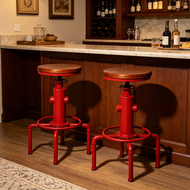 Dicle Swivel Solid Wood Adjustable Height Bar Stool, 2, Brown/Red