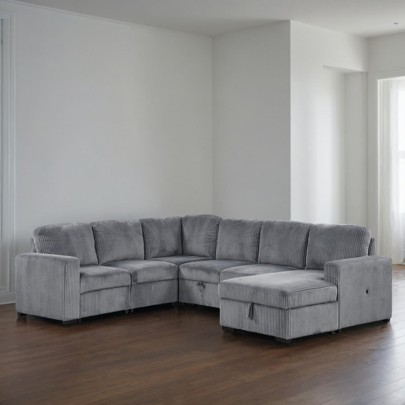 117" Upholstered Pull-Out Sleeper Sectional Chaise with Storage, Gray Corduroy