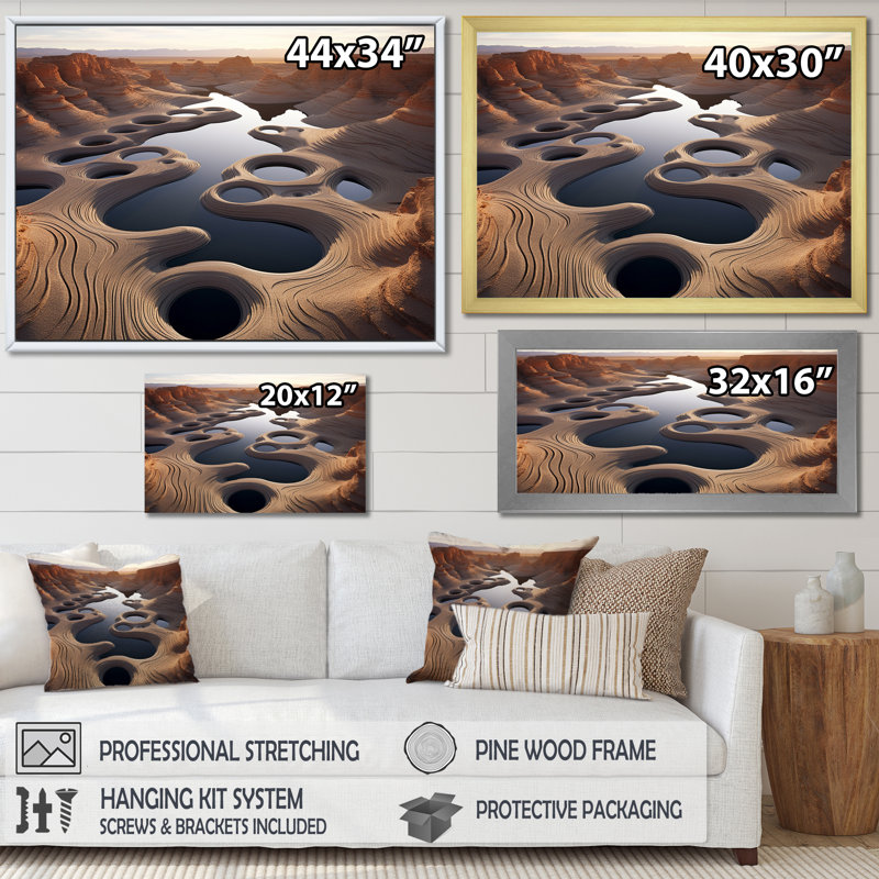 Mysterious Futuristic Desert Lake I - reproduction imprimée, 30" H x 40" W, Cadre flottant doré